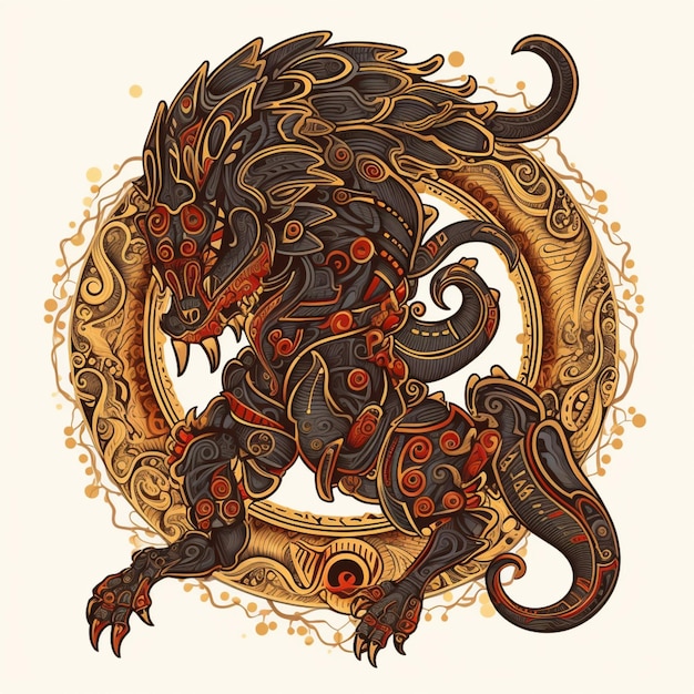Um dragão com um padrão dourado e vermelho