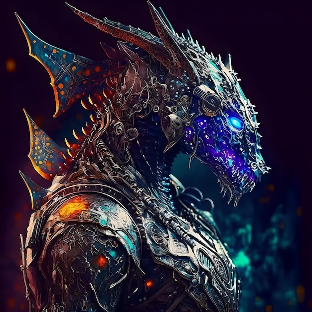 Um dragão com um rosto azul e um rosto roxo