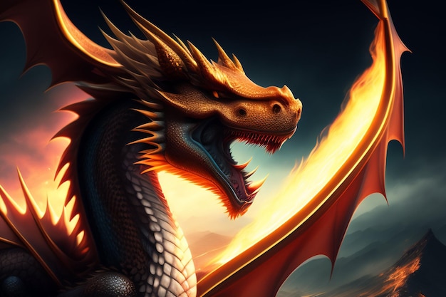 Um dragão com uma espada na boca