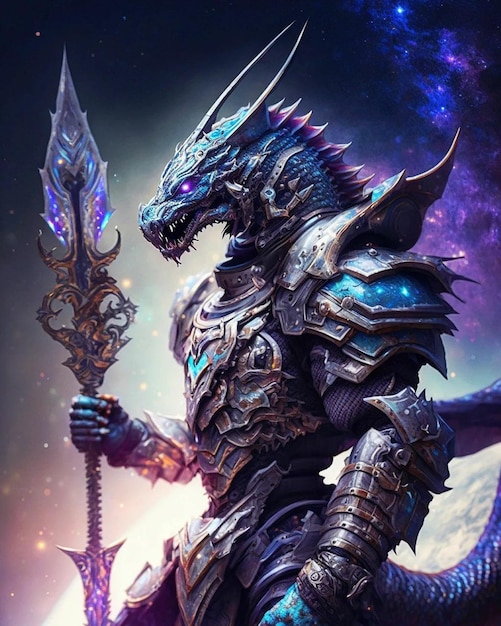 Um dragão com uma espada na mão.