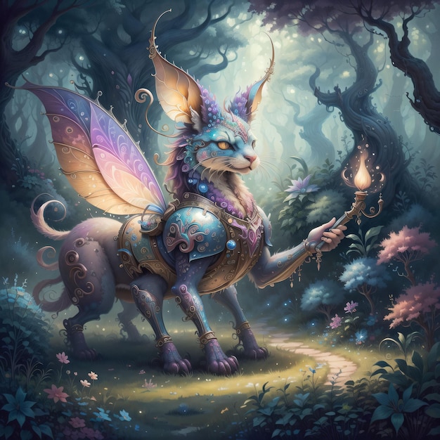 Um dragão com uma tocha está parado em uma floresta.