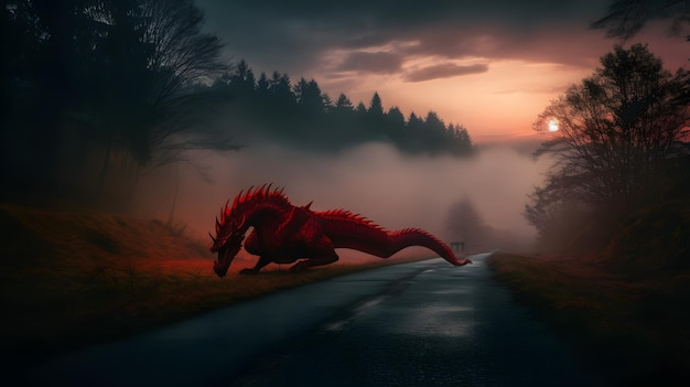 Um dragão correndo por uma estrada no meio do nevoeiro