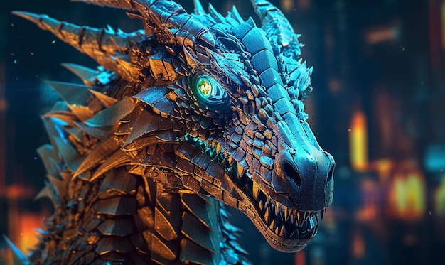 Um dragão de olhos azuis e fundo azul