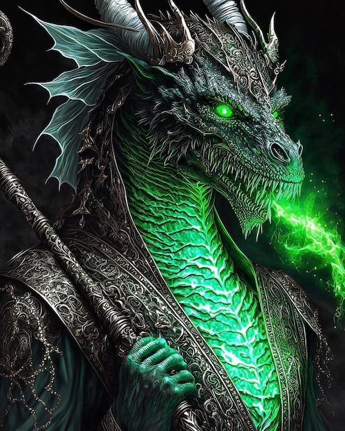 Um dragão de olhos verdes e um dragão verde na cabeça.