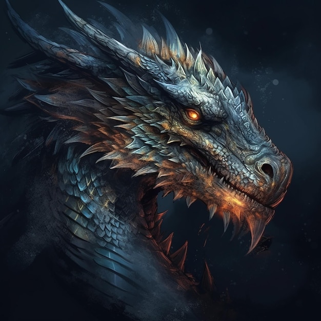 Um dragão de rosto azul e olhos vermelhos.