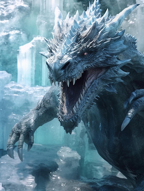 Um dragão de rosto azul está parado no gelo.