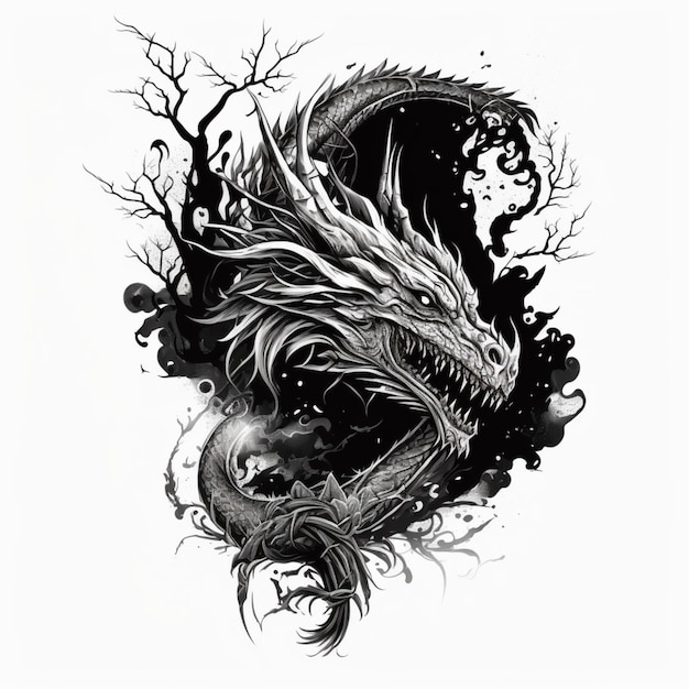 Um dragão de rosto branco e uma árvore negra ao fundo.