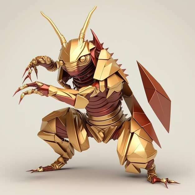 Um dragão dourado com um escudo no rosto está parado em frente a um fundo claro.