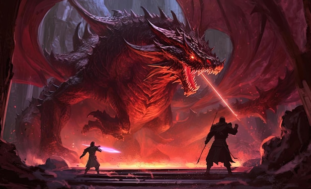 um dragão em batalha está atacando o homem no estilo da pintura digital