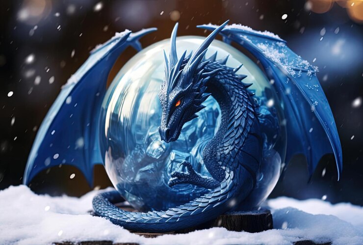 Foto um dragão em um ovo de vidro azul na neve no estilo do simbolismo mítico