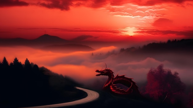 Um dragão em uma montanha com o sol se pondo atrás dele