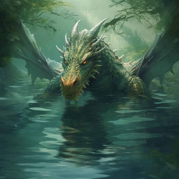 Um dragão está na água com asas e um dragão na cabeça.