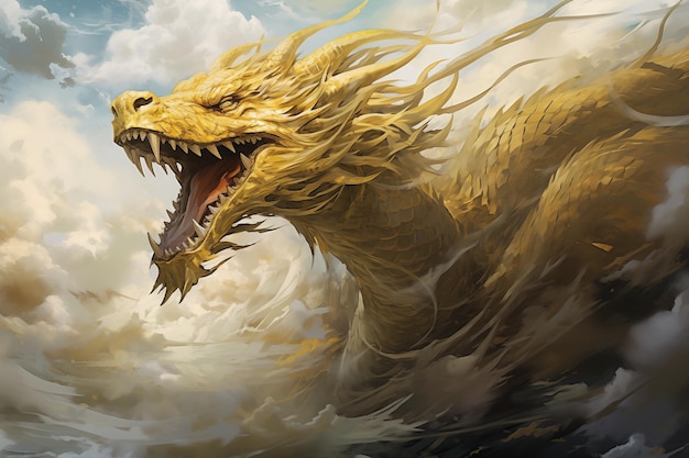 um dragão mau com a boca aberta entre as nuvens