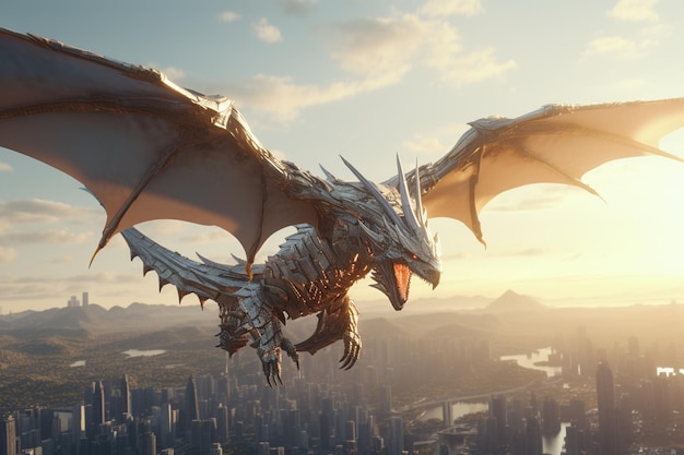 Um dragão mecânico voando sobre um horizonte futurista 00062 00