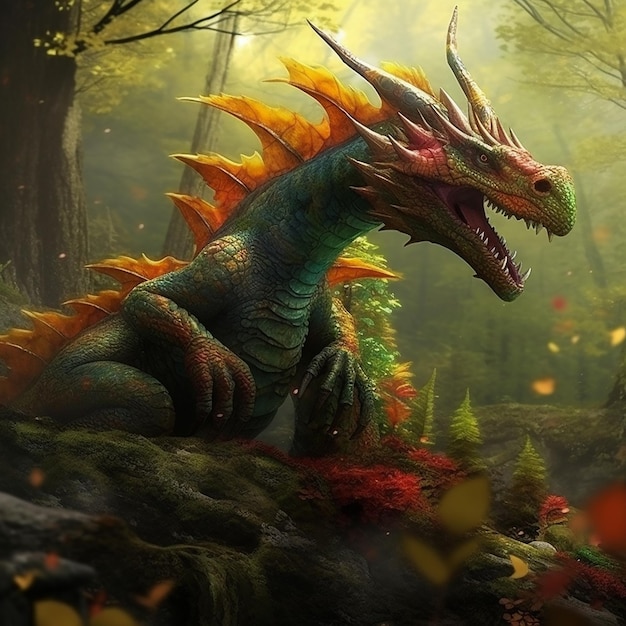 Um dragão na floresta com uma cauda verde e amarela.