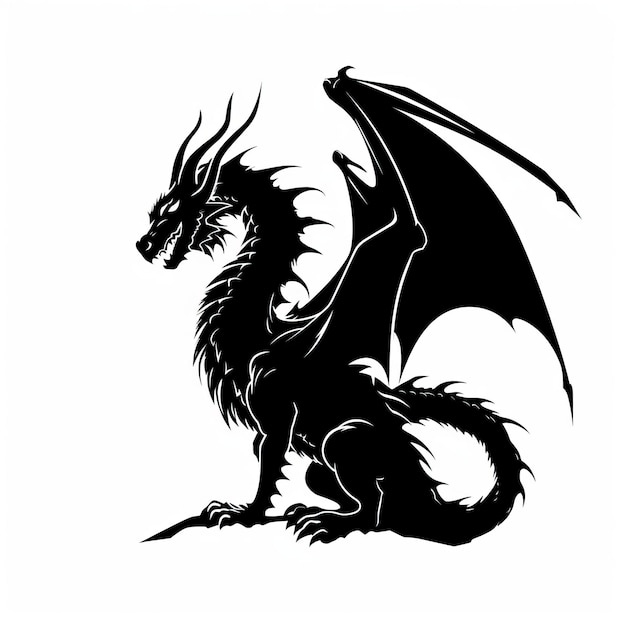 Um dragão negro de silhueta com uma cauda longa sentado sobre uma superfície branca