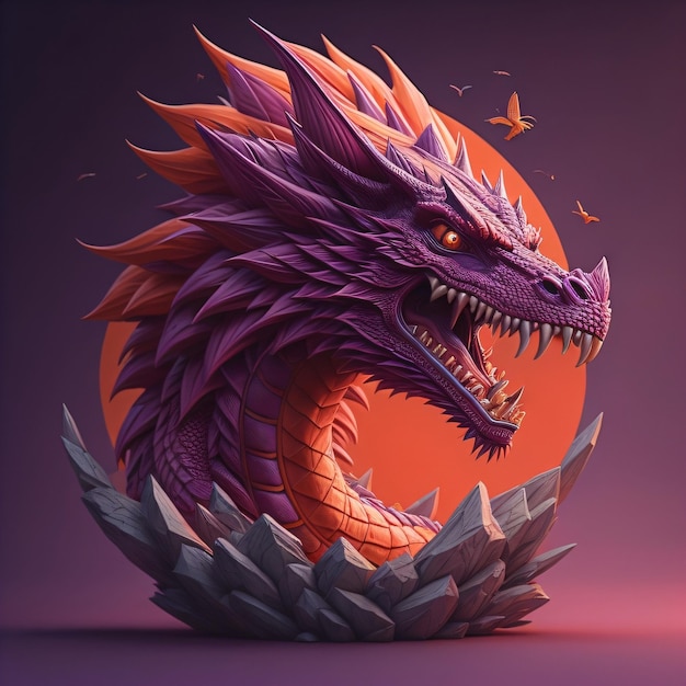 Um dragão roxo com chamas laranja e roxas na cabeça