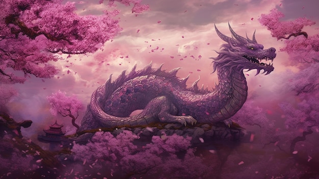 Um dragão roxo com um fundo rosa e a palavra dragão nele.