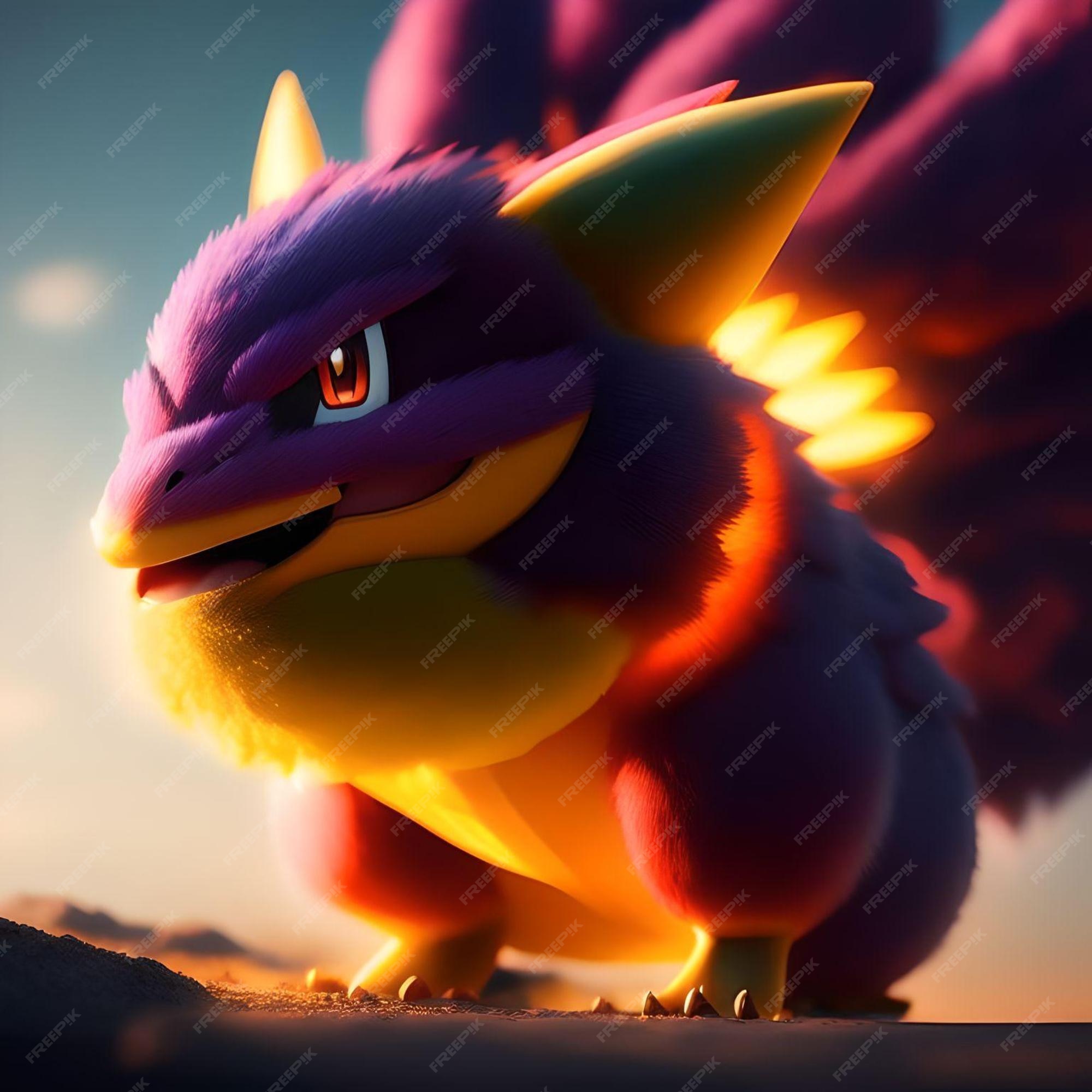 Um dragão roxo e amarelo com uma cauda que diz pokémon nele.