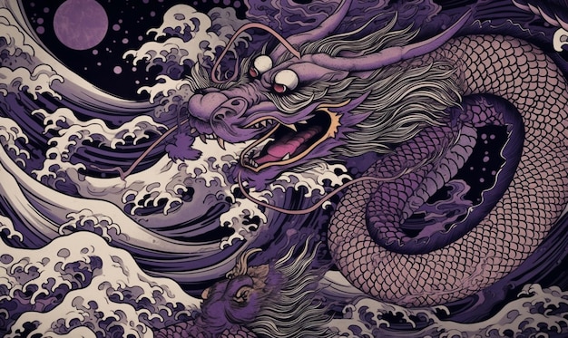 Um dragão roxo na água com uma onda ao fundo.