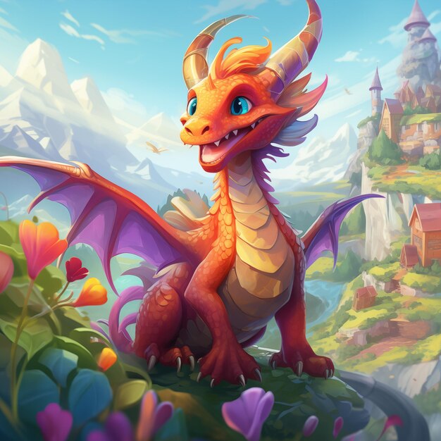 Um dragão sorrindo amplamente em meio a uma paisagem cheia de cores brilhantes estilo bonito