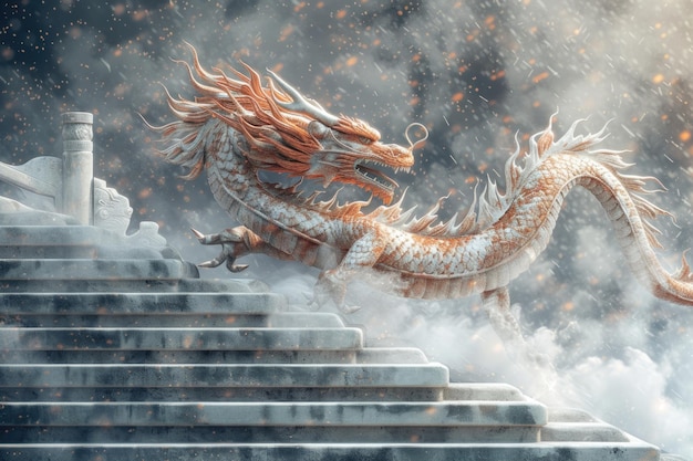 Um dragão subindo as escadas de 2023 a 2024 Conceito de Ano Novo 2024 Cartão de Ano Novo 2024.