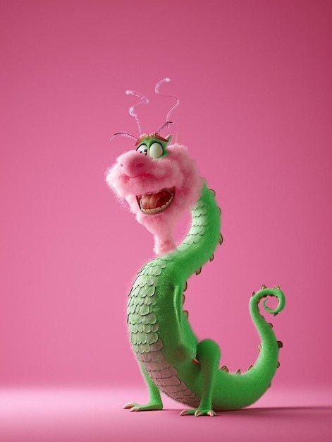 Foto um dragão verde com fundo rosa