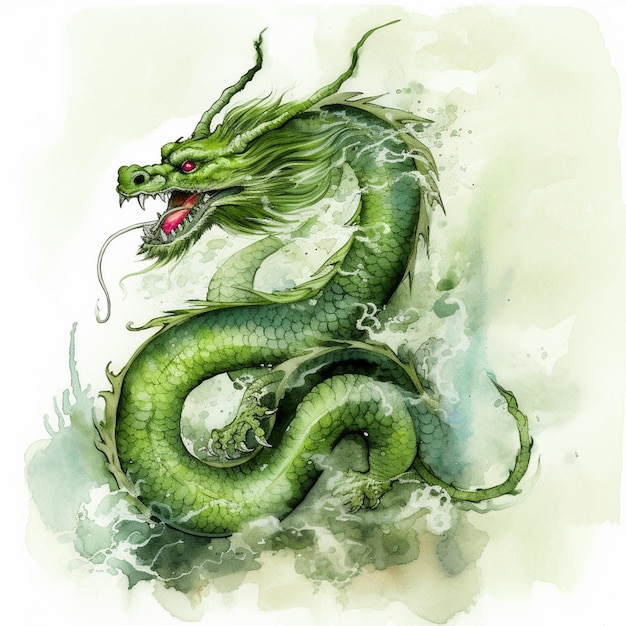 Um dragão verde com olhos vermelhos e nariz verde.