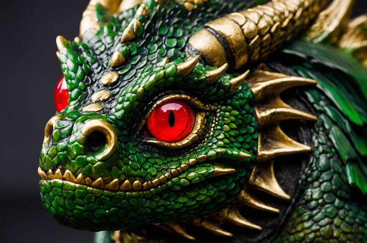 Foto um dragão verde com olhos vermelhos e um anel de ouro em torno de sua boca