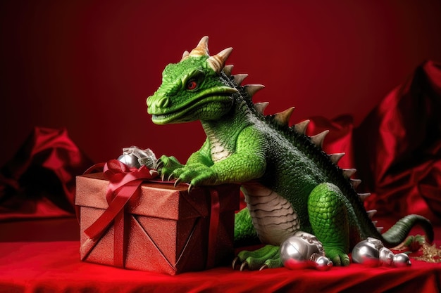 Um dragão verde com presente vermelho em um cartão de Ano Novo de fundo vermelho