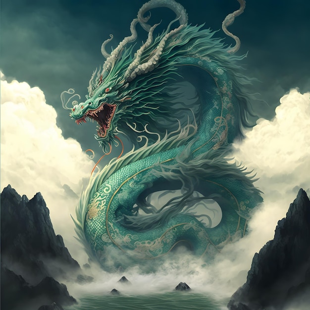 Um dragão verde com uma cabeça grande e um corpo de água ao fundo.