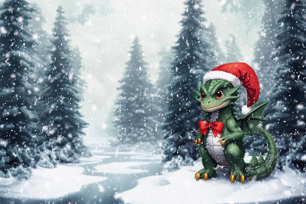 Um dragão verde no chapéu do Papai Noel Um dragão em uma floresta de inverno de conto de fadas Queda de neve Copiar o espaço Símbolo do ano novo O dragão do ano novo em uma Floresta nevada e em um chapéu de Papai Noel