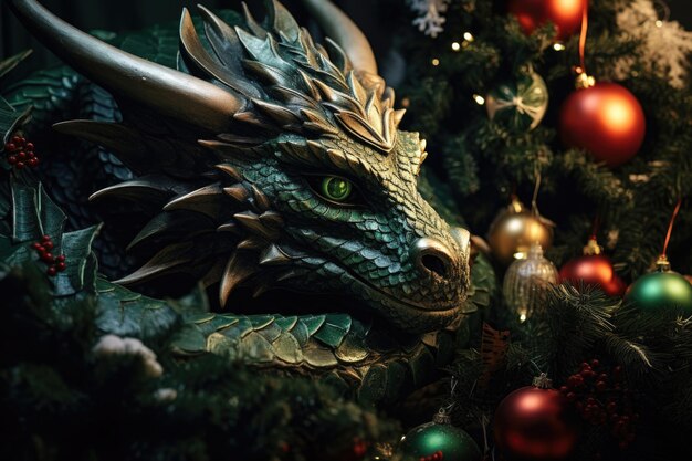 Um dragão verde, o símbolo do Ano do Dragão Verde, está cercado por decorações de Natal e Ano Novo. O dragão é um símbolo de boa sorte e prosperidade.