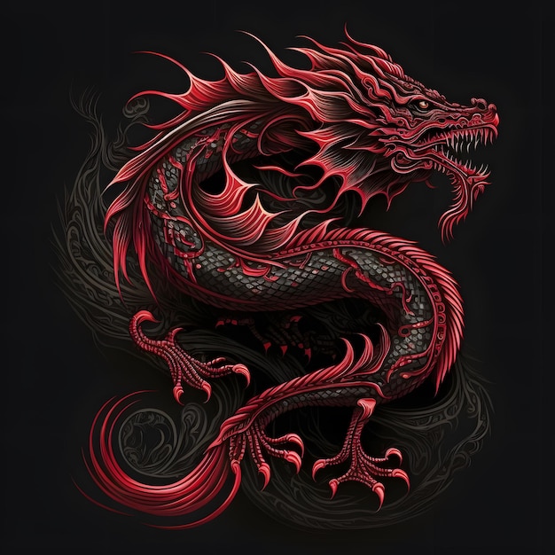 Um dragão vermelho com fundo preto e a palavra dragão nele