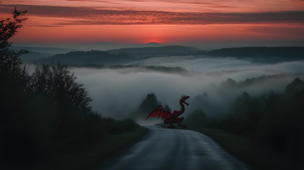 Um dragão vermelho está em uma estrada no meio do nevoeiro.