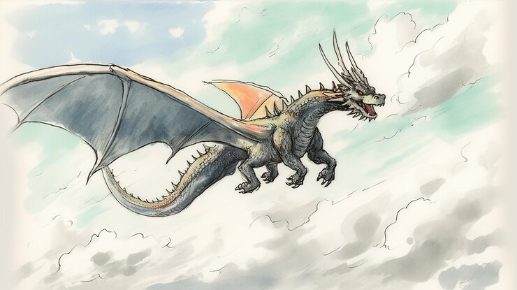 Foto um dragão voando no céu com a palavra dragão nele.