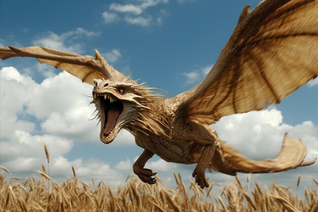 Um dragão voando pelo céu com a boca aberta sobre um campo de trigo