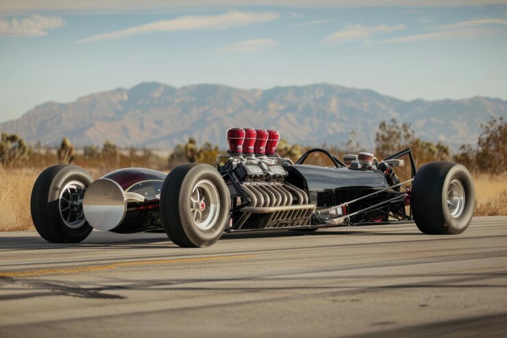 Foto um dragster personalizado correndo por uma estrada aberta com montanhas ao fundo durante uma tarde clara