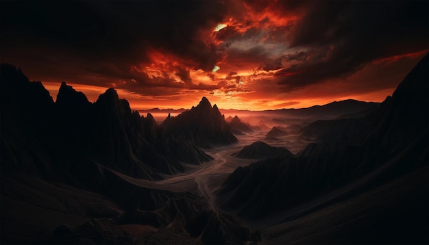 Um dramático pôr-do-sol de fogo sobre a escura paisagem do deserto mexicano