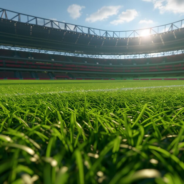 Foto um dramático pôr-do-sol sobre um exuberante estádio de futebol cheio de espectadores