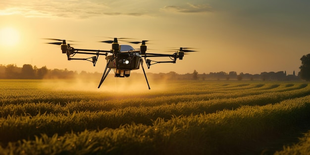 Um drone agrícola poliniza graciosamente um campo agrícola, natureza e tecnologia entrelaçadas para colheitas abundantes AI Generative AI