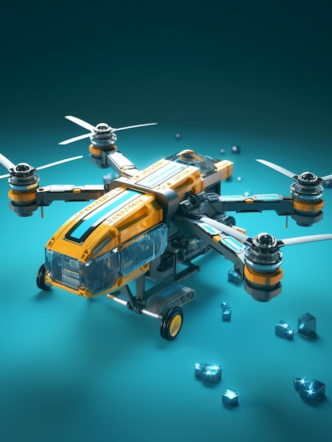 Um drone amarelo com uma capa azul que diz "a palavra helicóptero".