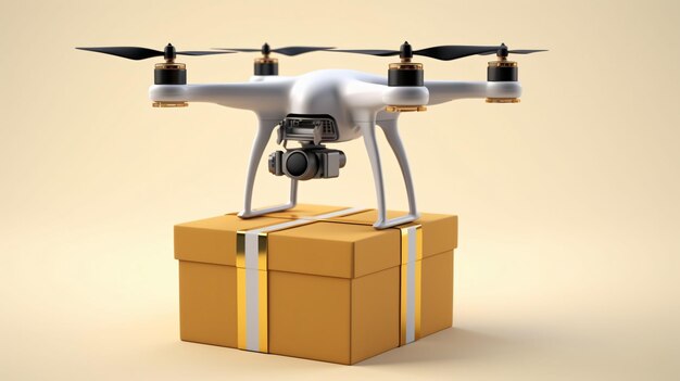 Um drone com caixa de entrega isolada em fundo branco
