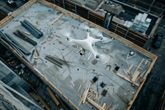 Um drone monitorando um canteiro de obras para segurança generativa ai