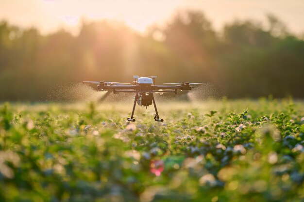 Um drone pulverizando produtos químicos agrícolas em um campo.