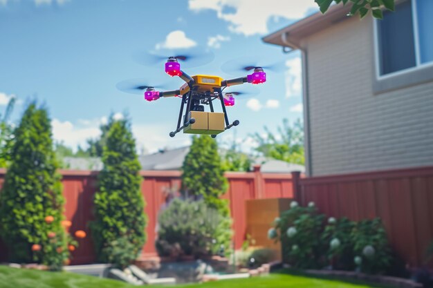 Foto um drone quadricóptero a entregar um pacote num quintal ensolarado.