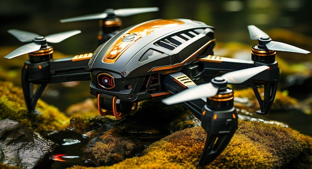 Um drone que está voando na floresta