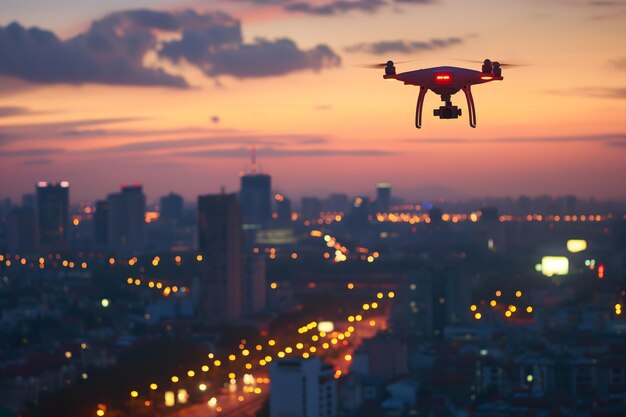 Um drone sobre a cidade ao nascer do sol de verão