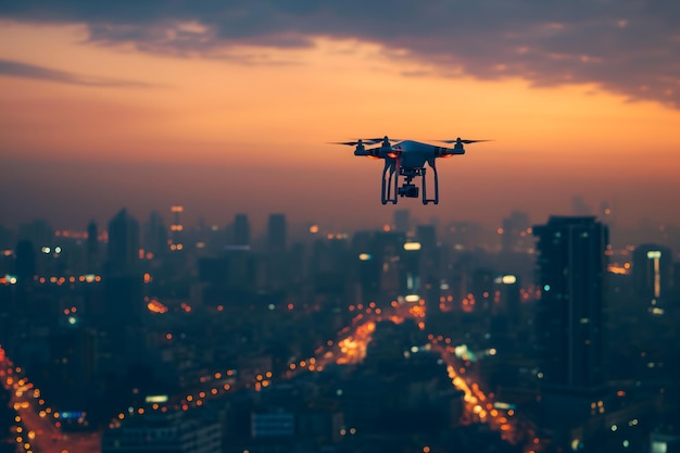 Um drone sobre a cidade ao nascer do sol de verão