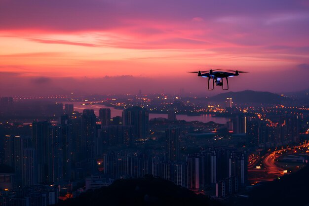 Um drone sobre a cidade ao nascer do sol de verão